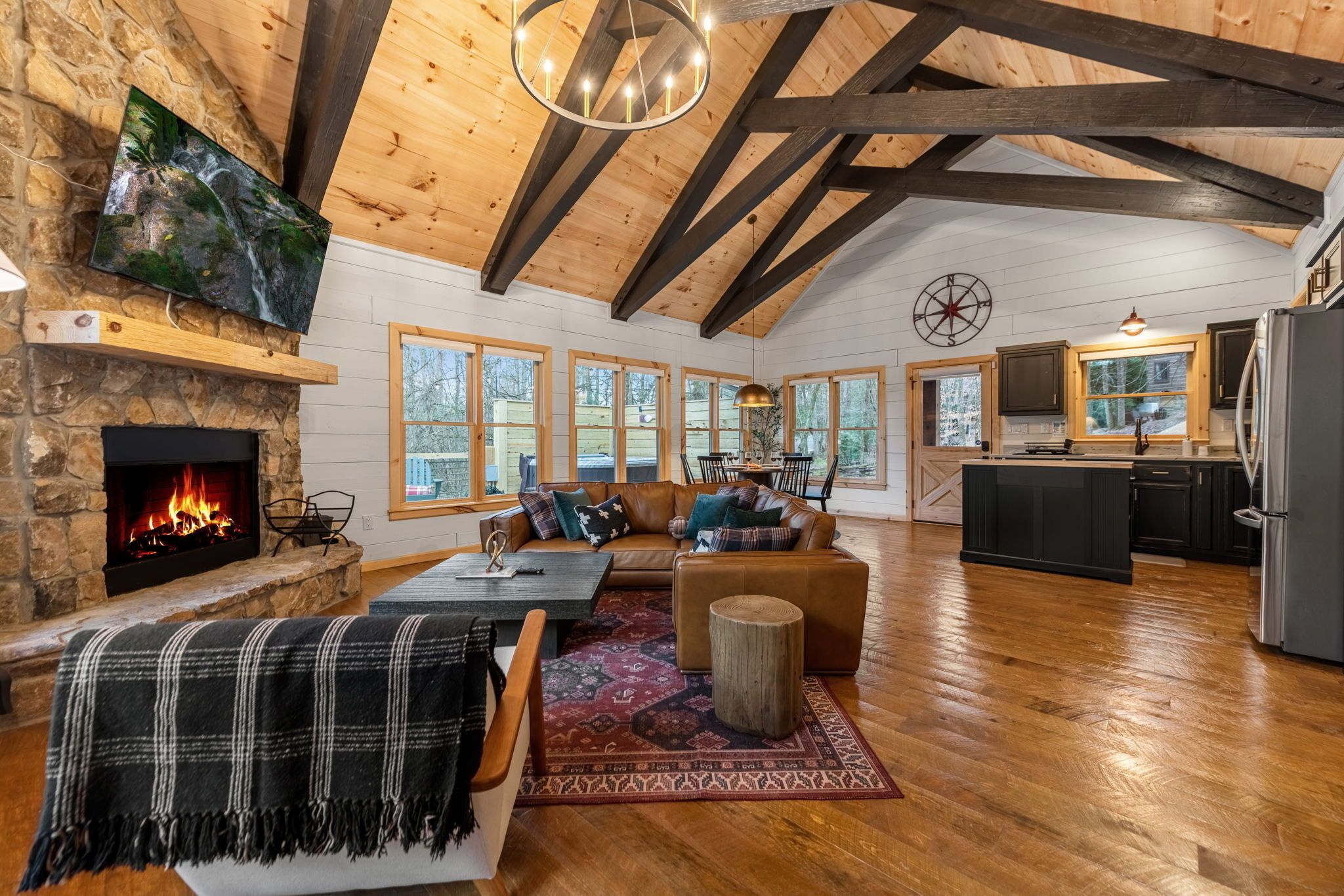 Smart TV, fireplace, books