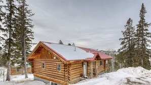 Une cabane en rondins avec un toit rouge, entourée de neige et de grands pins.