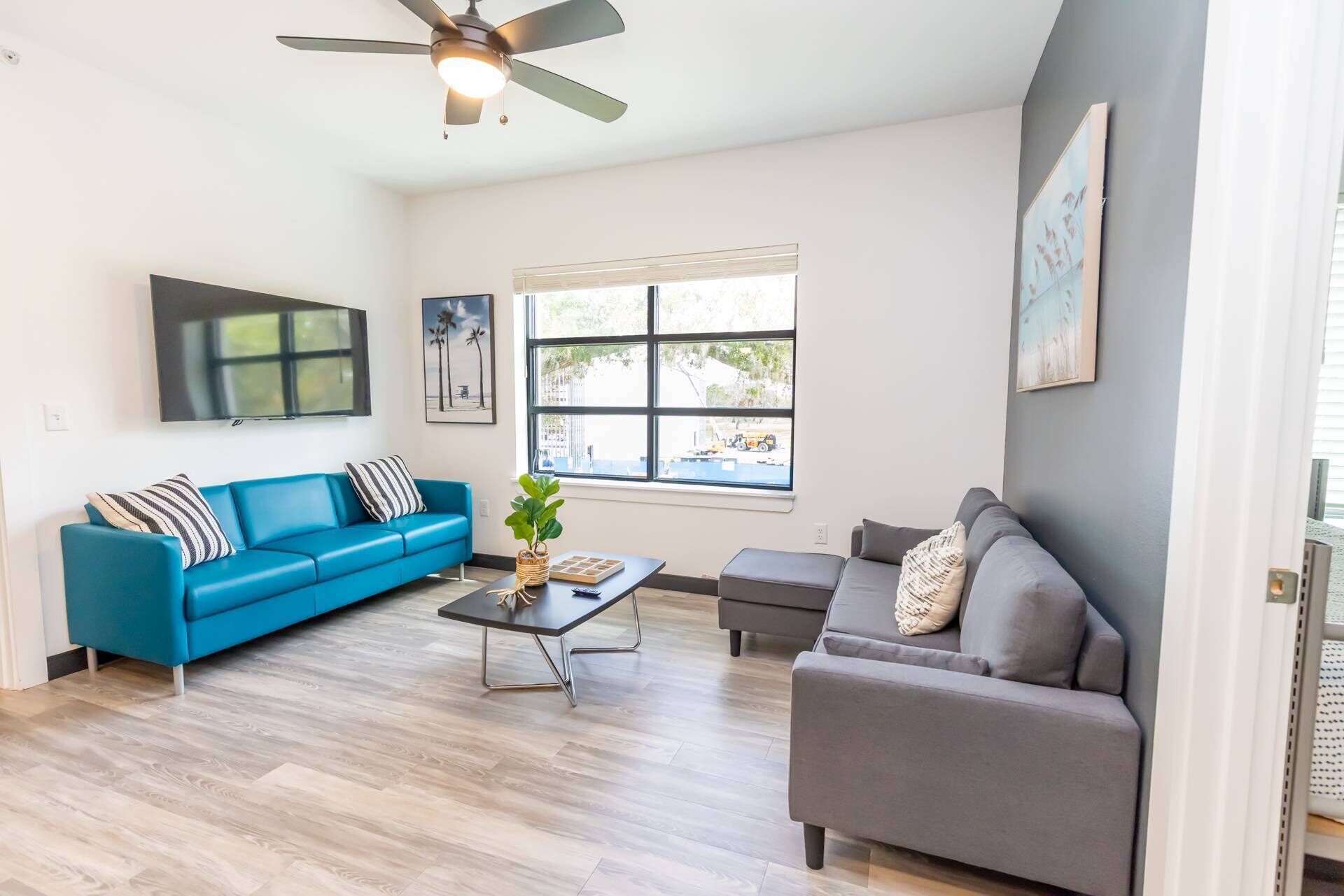 A living room with a blue sofa, a grey sofa, a coffee table, and a ceiling fan.