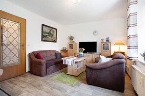A living room with a sofa, armchair, TV, wooden cabinet, and a door with a glass panel.