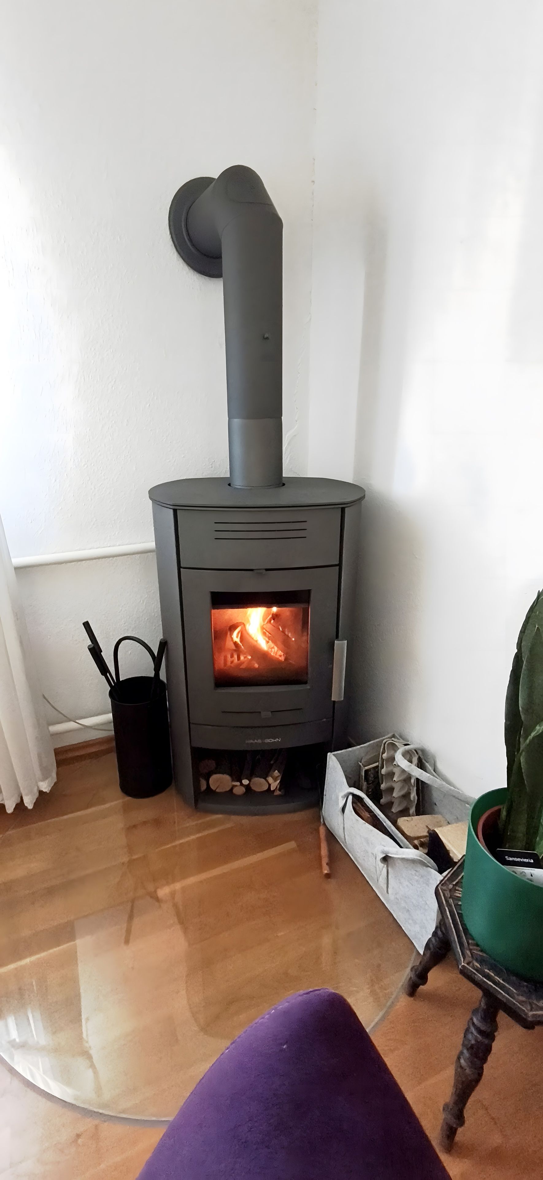 Una stufa a legna con un fuoco visibile, un cestino nero e una pianta in vaso verde.