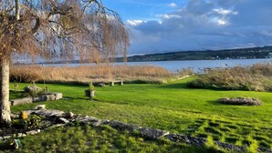 Ein Park mit Gras, einer Bank, einem Baum und einem Gewässer im Hintergrund.