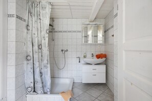 Shower, hair dryer - Apartment 'Friesisches Reetdach-ferienhaus' with Private Terrace, Private Garden and Wi-Fi (Bordelum)