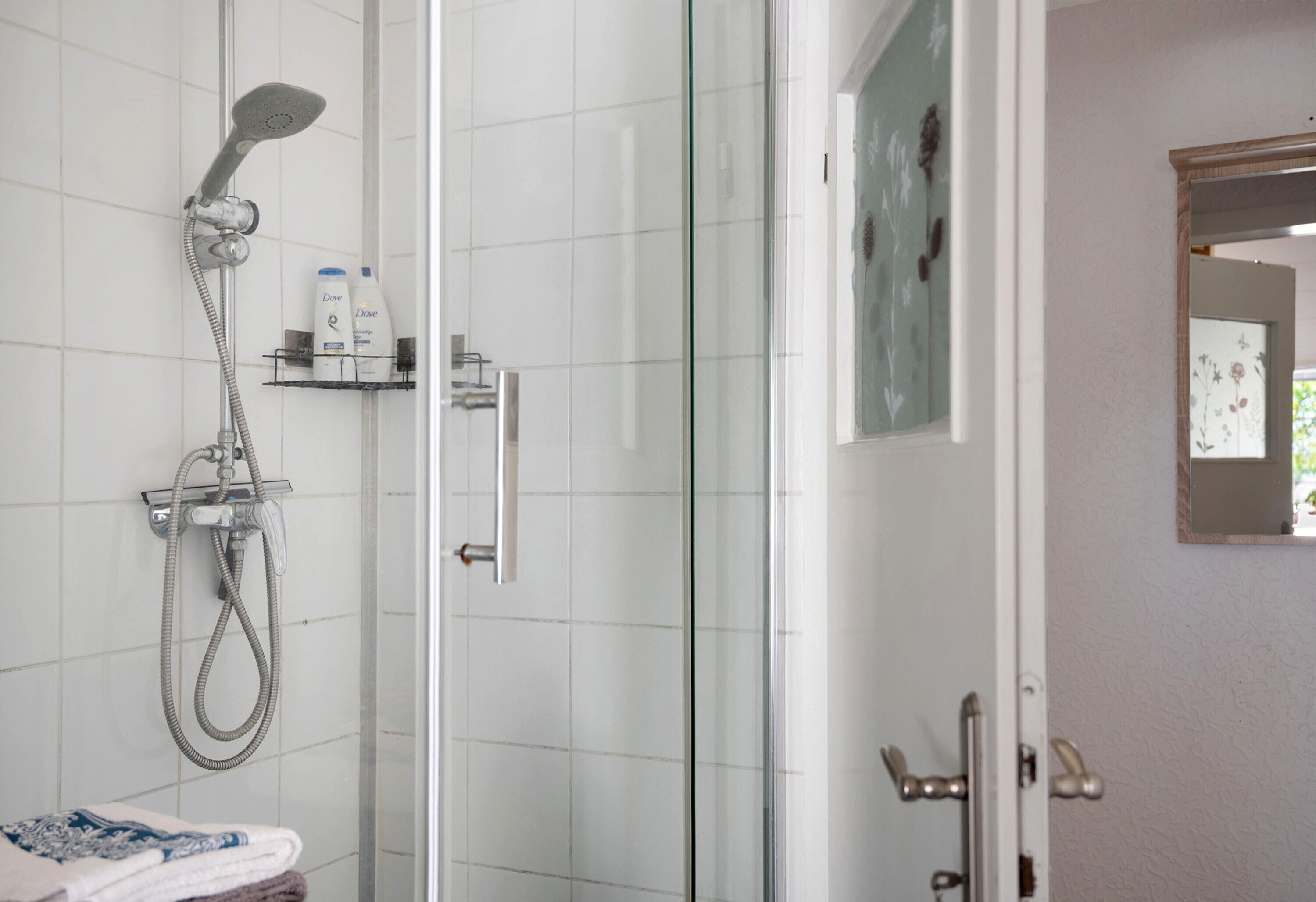 Lasiseinöillä erotettu suihkutila, jossa on käsisuihku, seinään asennettu hana ja hylly, jossa on hygieniatuotteita.