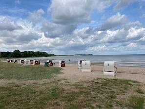 A beach with beach chairs and umbrellas, a sandy area, and a body of water.