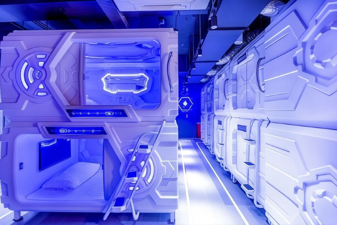 Een rij futuristische, witte, zeshoekige capsules met verlichte blauwe accenten en bedieningspanelen.
