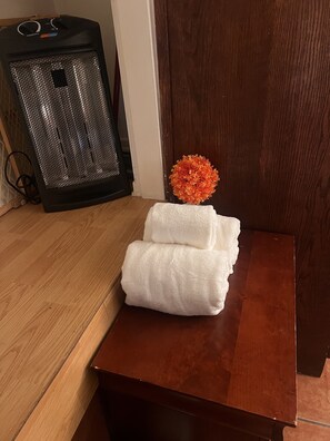 Regadera, secadora de cabello, toallas, jabón