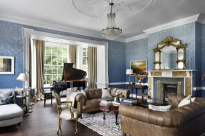 Smart TV, fireplace, books, stereo