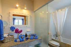 Shower, hair dryer, bidet, towels