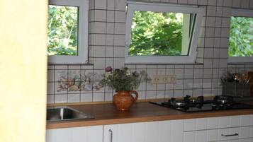 Kühlschrank, Mikrowelle, Herdplatte, Wasserkocher mit Kaffee-/Teezubehör