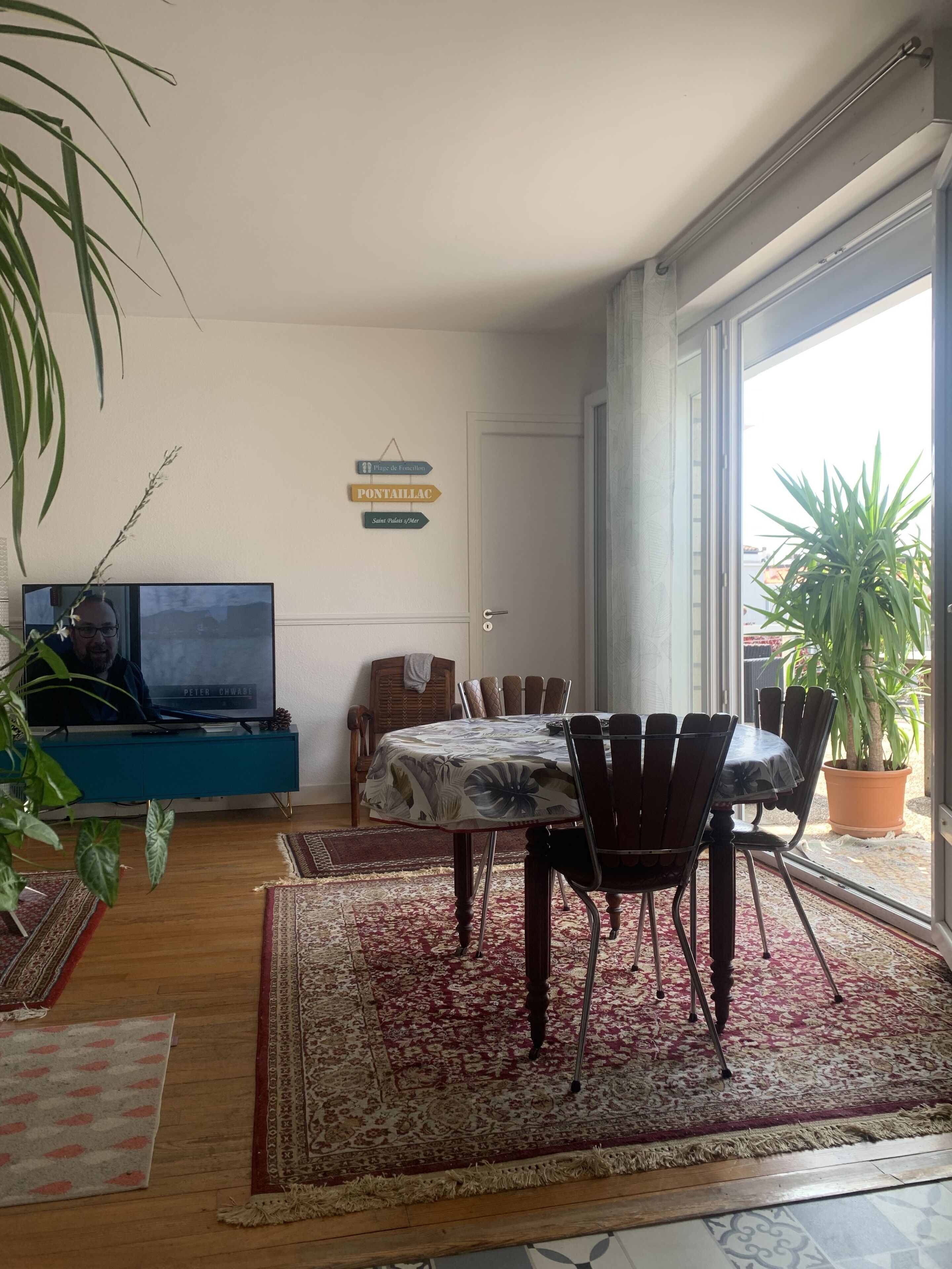 Un comedor con una mesa, sillas, un televisor, una planta en maceta y un cartel en la pared.