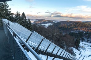 Spanning a serene winter landscape, this bridge offers a picturesque view of the surrounding hills.