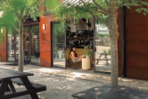 An outdoor seating area with a woman reading a book, a wooden bench, and a potted plant.
