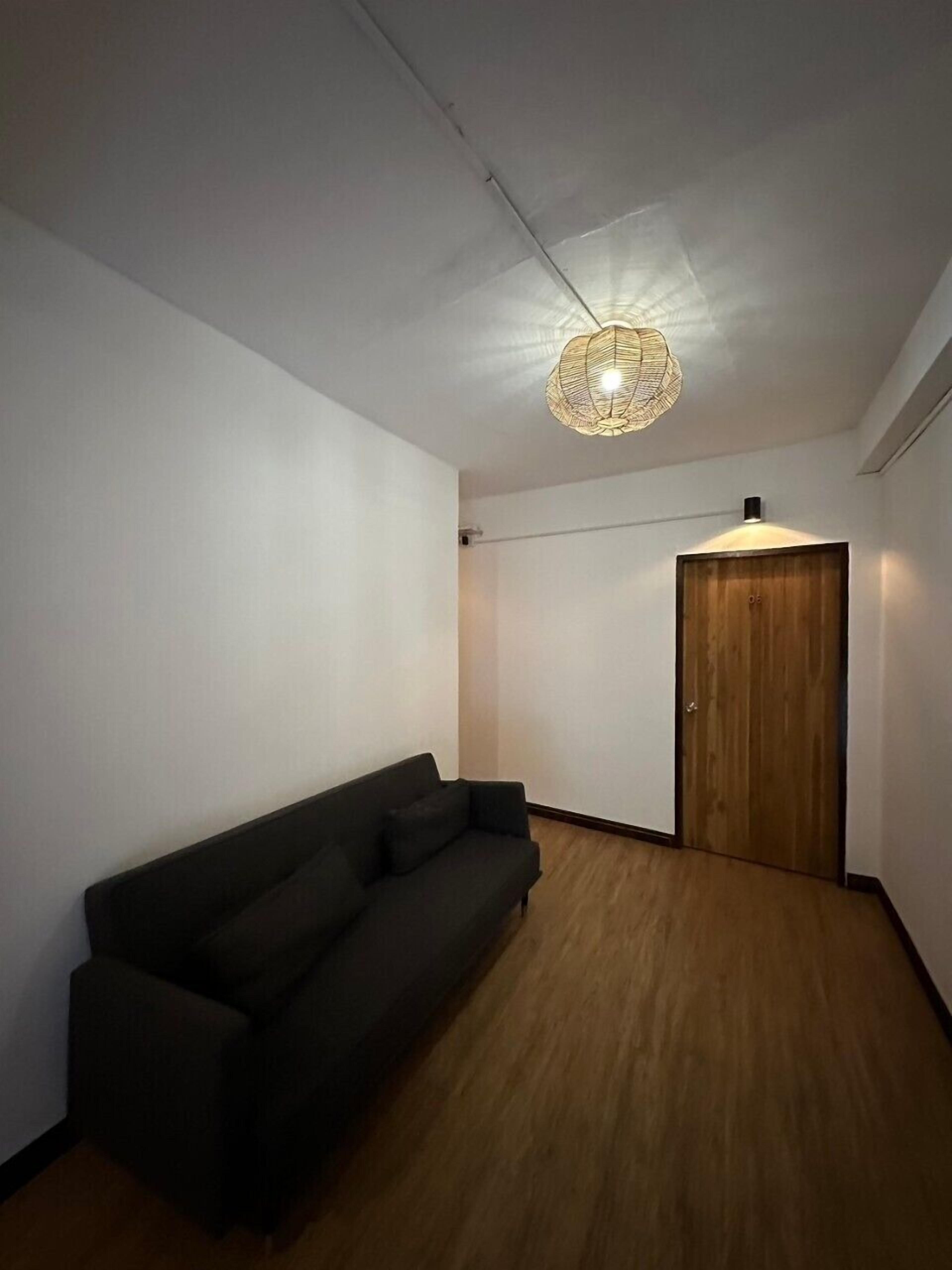 Una habitación con un sofá de color oscuro, una puerta de madera y una lámpara en el techo.