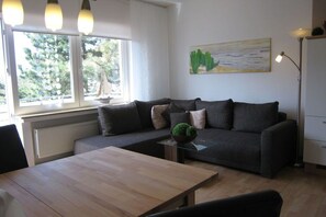 Smart-TV, DVD-spiller, bøker og stereoanlegg