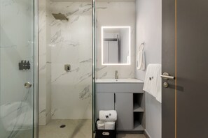 Dusche, Haartrockner, Handtücher, Shampoo