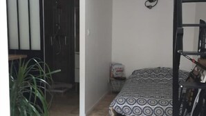 A compact room with a bunk bed, a small bedside table, a chair, and a potted plant. - Studio Moderne (Saint-Symphorien-d'Ozon)