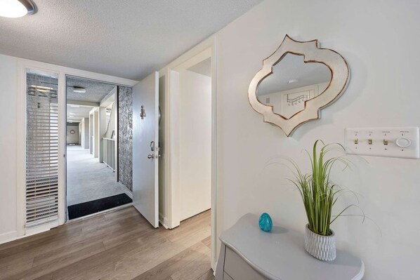 A hotel corridor with a door leading to a room, a wall-mounted mirror, a power outlet, and a potted plant.