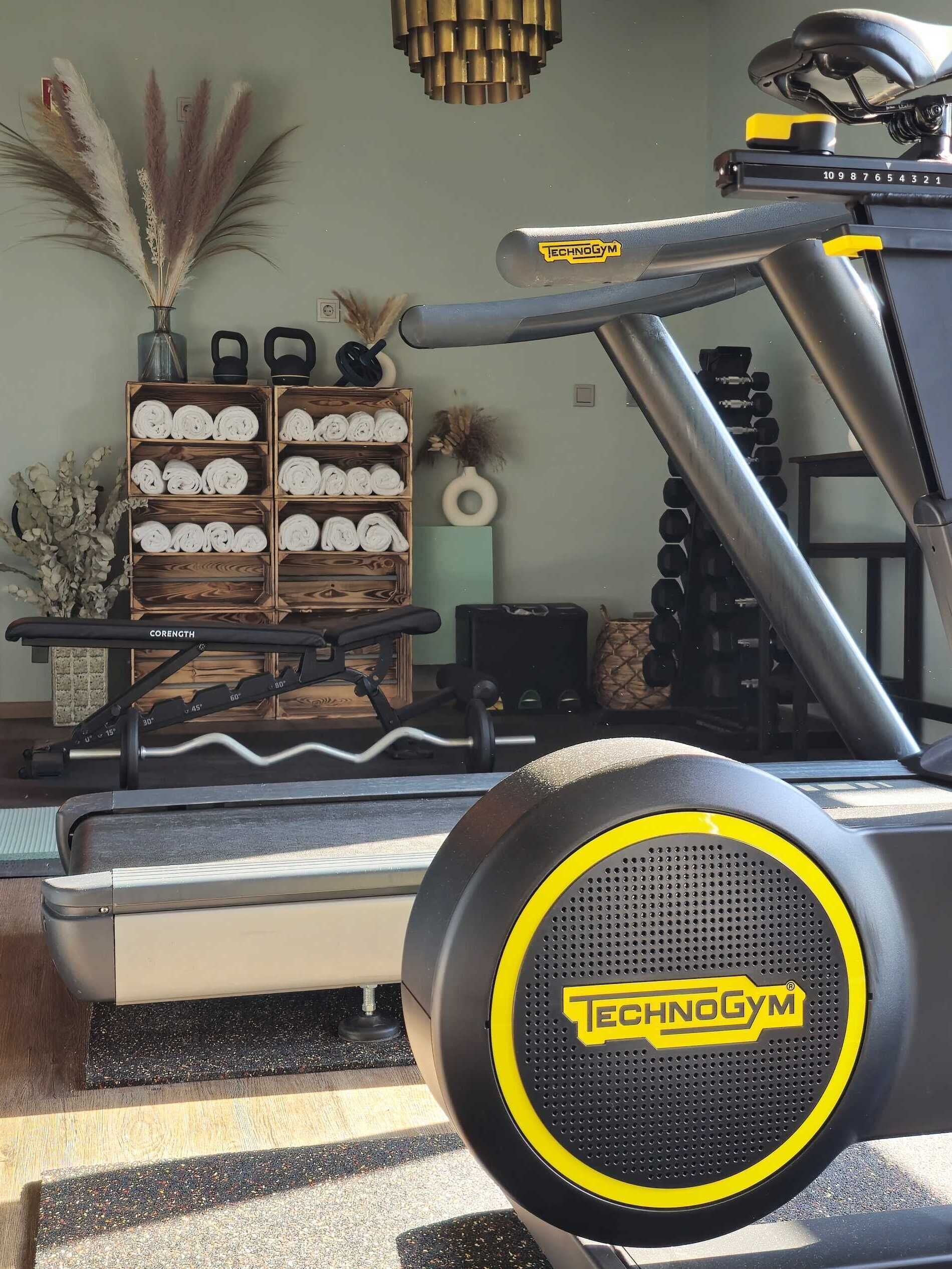 Un gimnasio en casa con una bicicleta estática Technogym, estantes para pesas y una pesa rusa.
