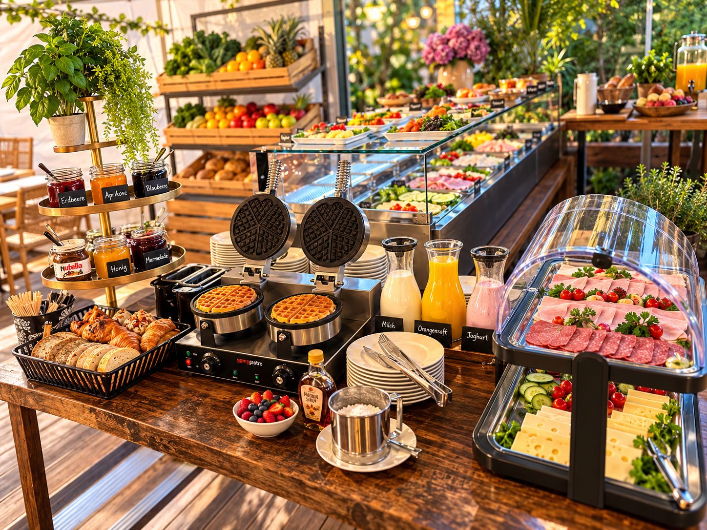 Ein reichhaltiges Buffet mit verschiedenen Speisen, darunter Waffeln, Gebäck sowie eine Auswahl an Käse und Fleisch.