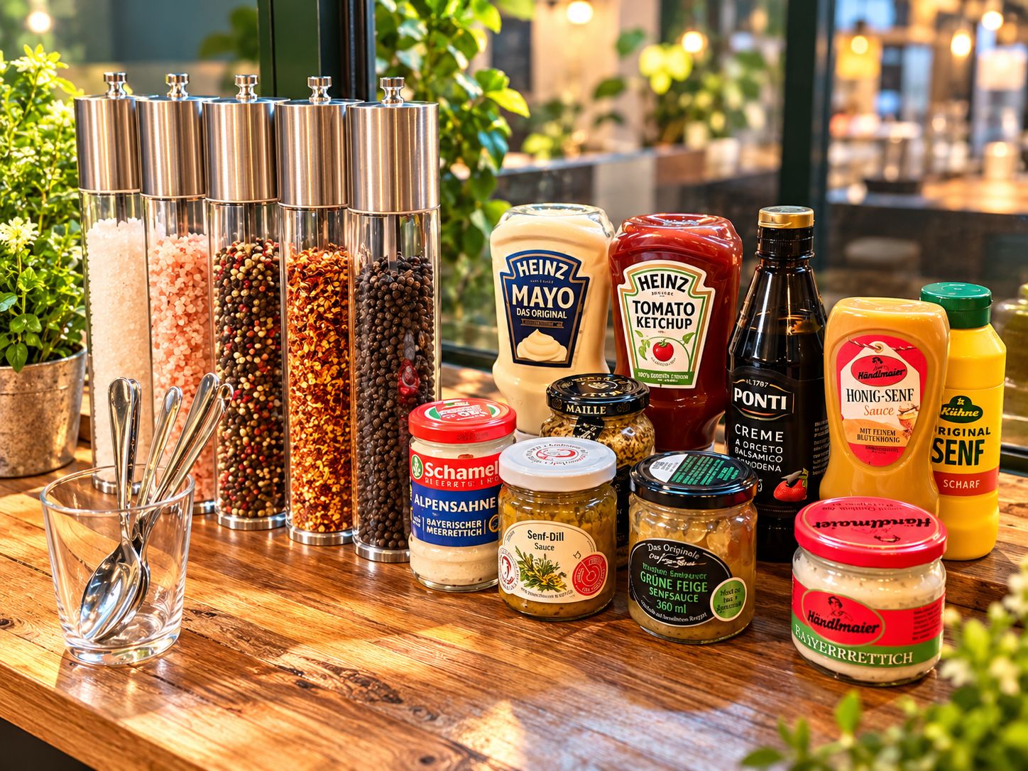 A variety of condiments and spices on a wooden table, including Heinz ketchup and mayonnaise.