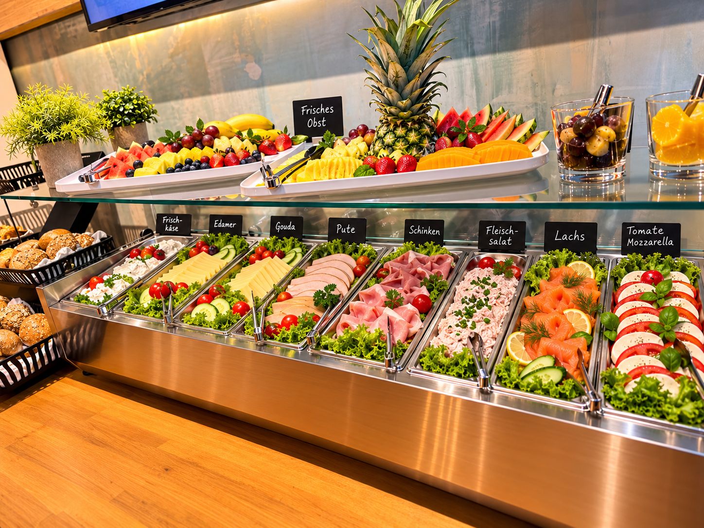A buffet with various food options including fruits, salads, and meats.