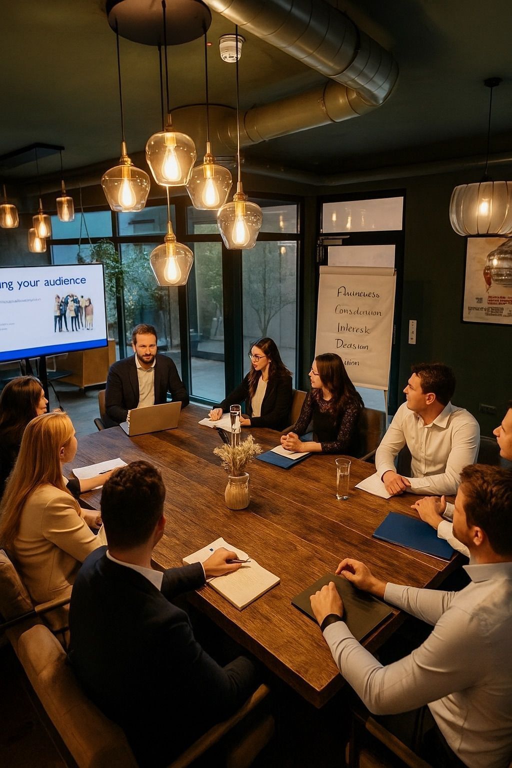 A conference room with a wooden table, people seated around it, and a presentation screen in the background.