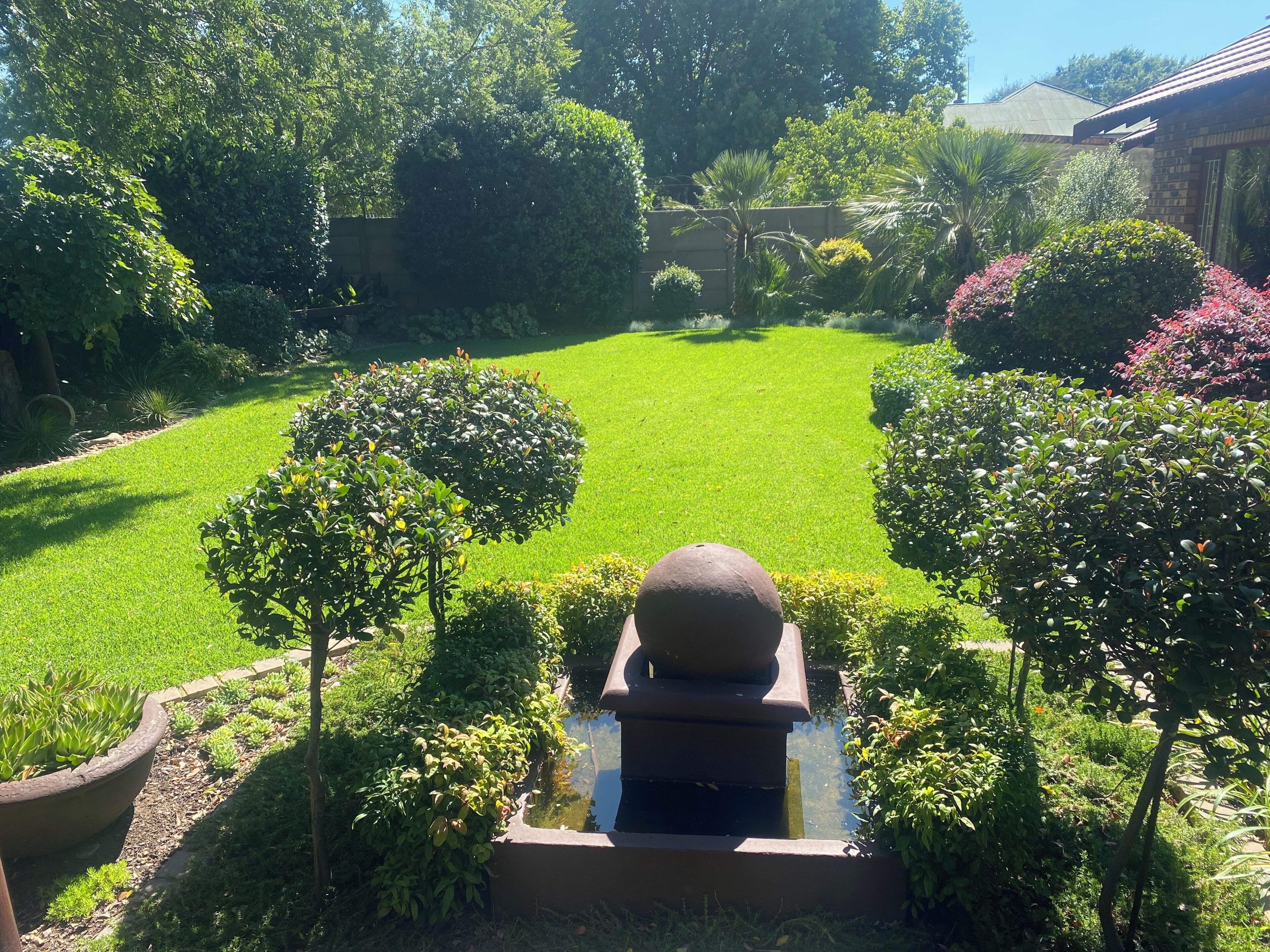 Um jardim bem cuidado, com um gramado central, rodeado por arbustos e árvores variadas.