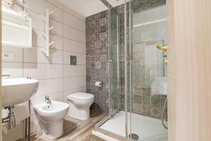 Shower, hair dryer, bidet, towels