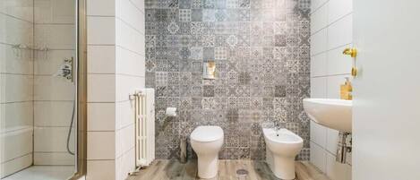 Regadera, secadora de cabello, bidet, toallas