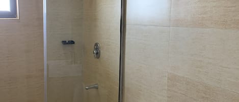 A modern bathroom with a glass-enclosed shower, a white toilet, and a sink.