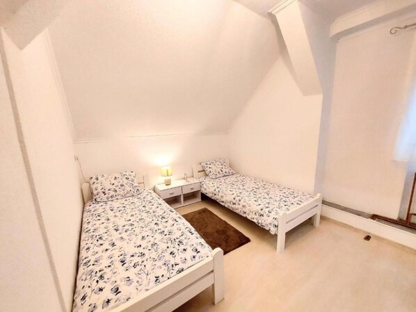 A small, triangular room with two single beds, a nightstand, and a lamp. - Apartments Jezerane (Brinje)