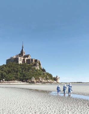 A historic castle on a hill with a beach in the foreground.