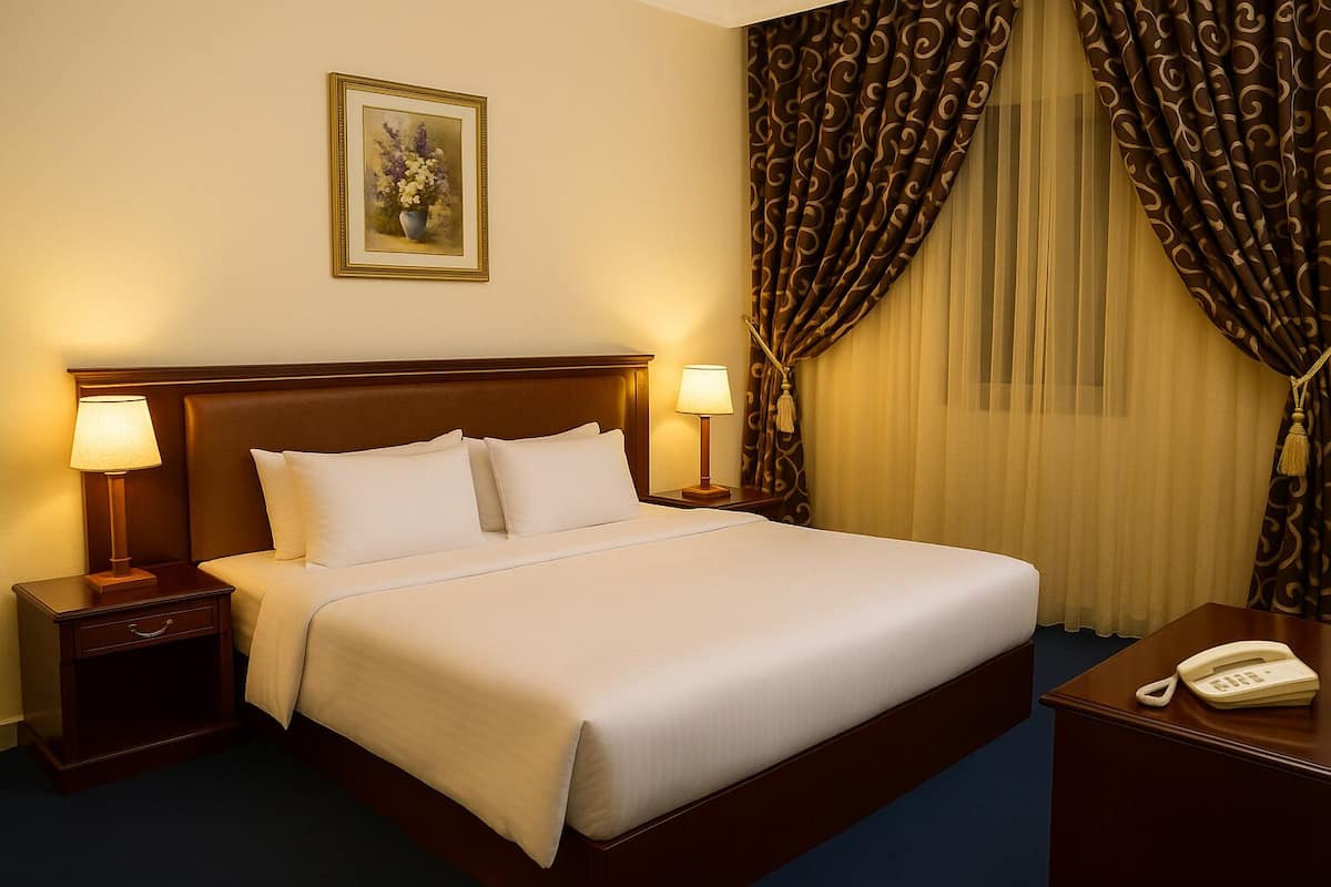 Ein Hotelzimmer mit einem großen Bett, zwei Nachttischen mit Lampen, einem Telefon und einem Bild an der Wand.