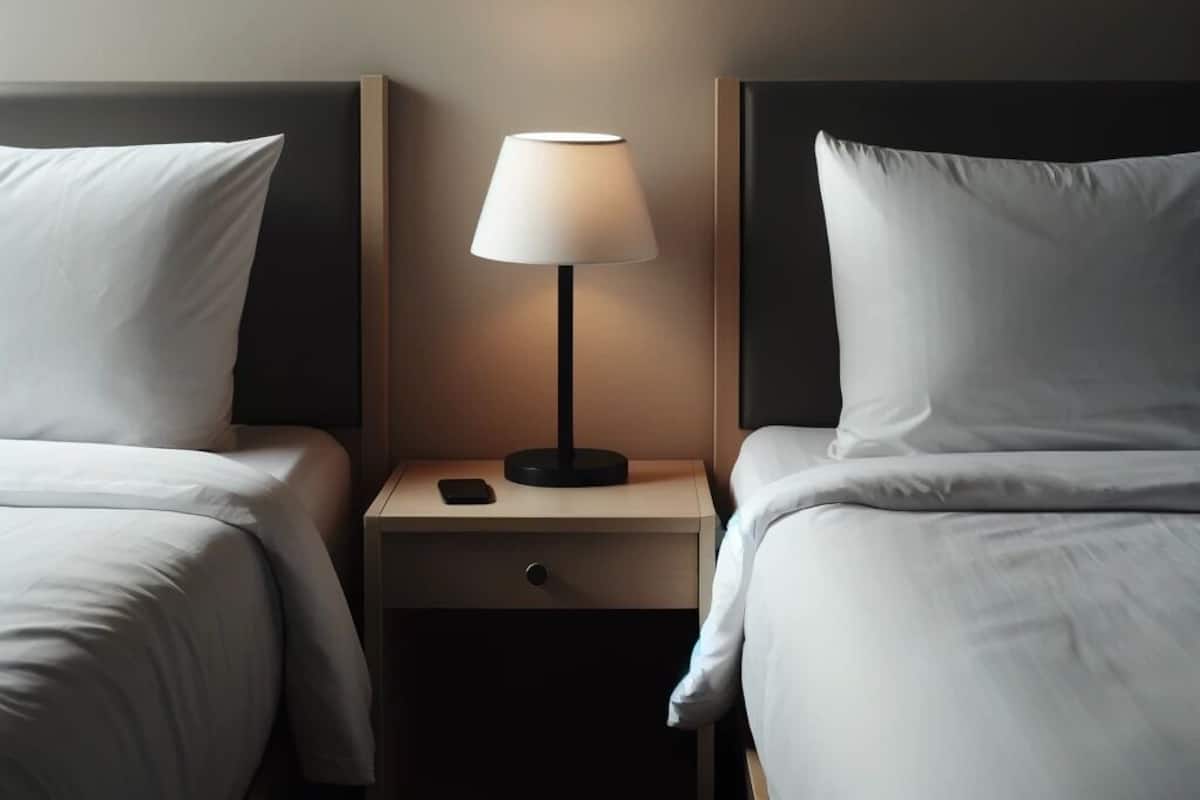 Ein Hotelzimmer mit zwei Einzelbetten, einem Nachttisch mit Lampe und einer kleinen Schublade.