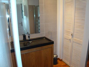 Shower, hair dryer, soap, toilet paper