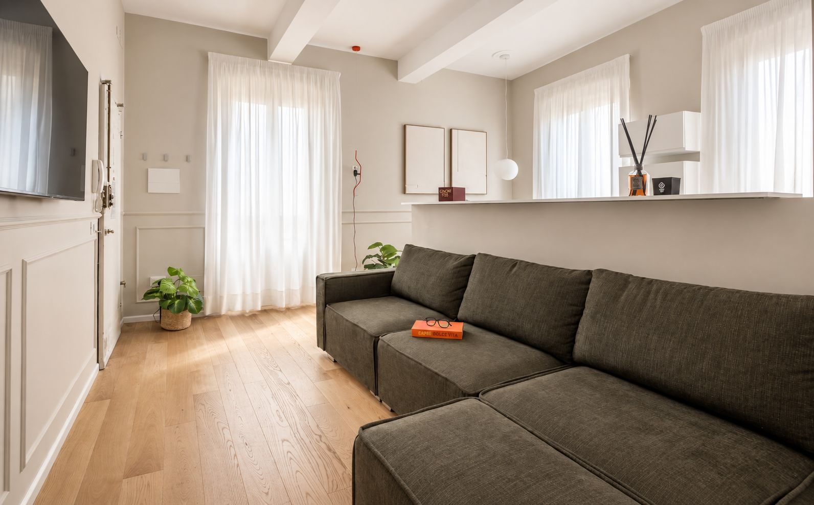 Un salon moderne avec un canapé gris, un plancher en bois et une plante en pot.