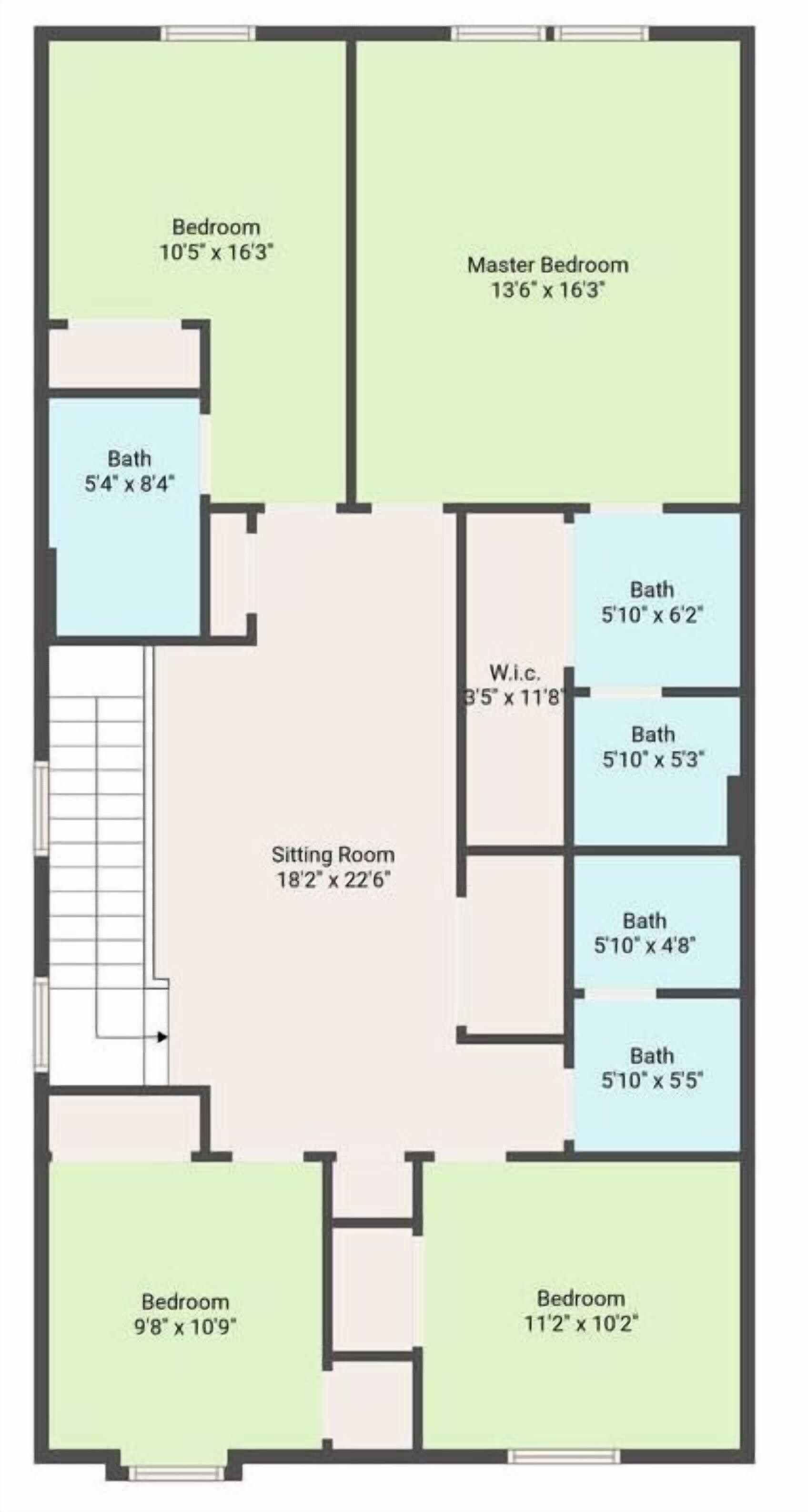 A floor plan with a master bedroom, two standard bedrooms, a sitting room, and three bathrooms.