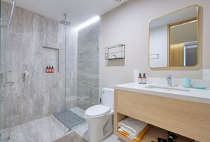 Shower, hair dryer, towels, shampoo