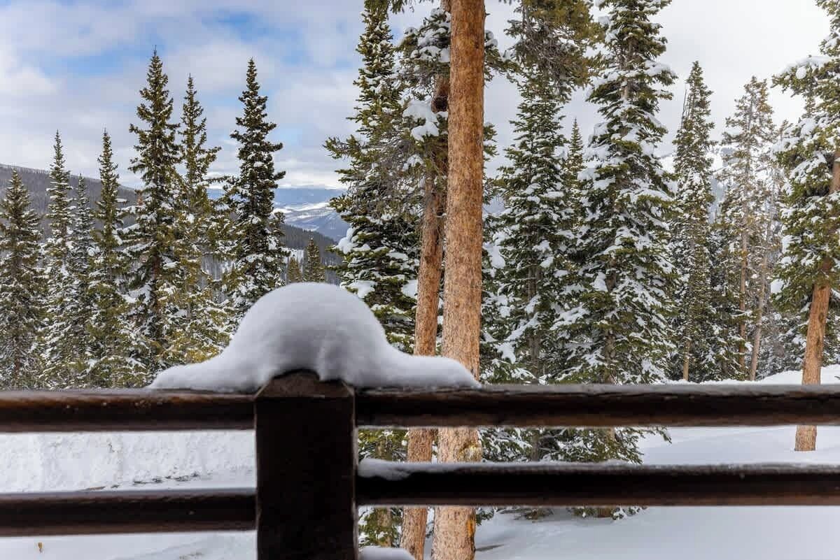 A snowy forest with a wooden railing in the foreground.