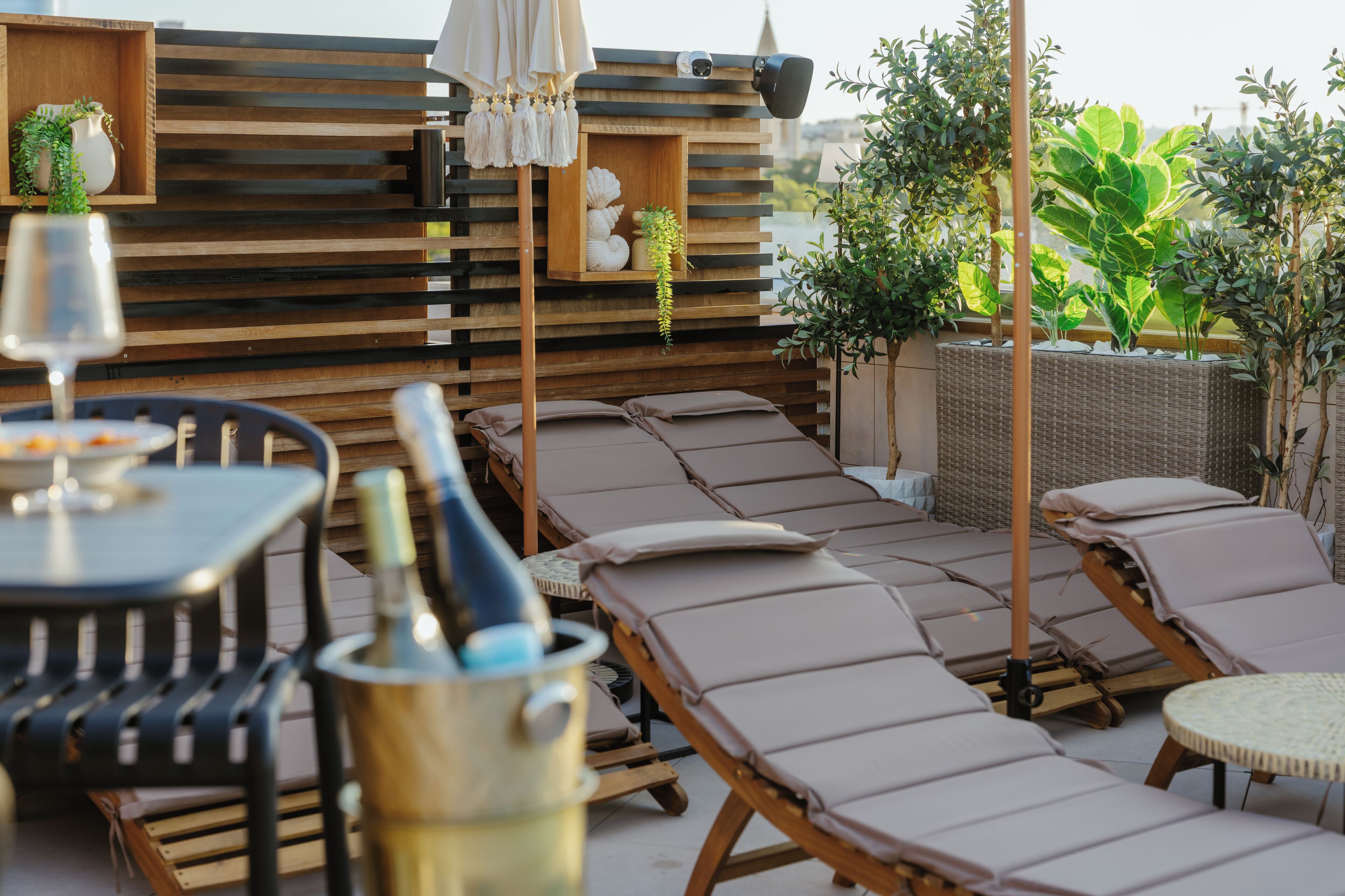 Eine Dachterrasse mit Liegestühlen, einem Tisch mit einer Flasche und einem Korbusch.