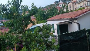 A residential area with houses, a garden, and a building with a red roof.