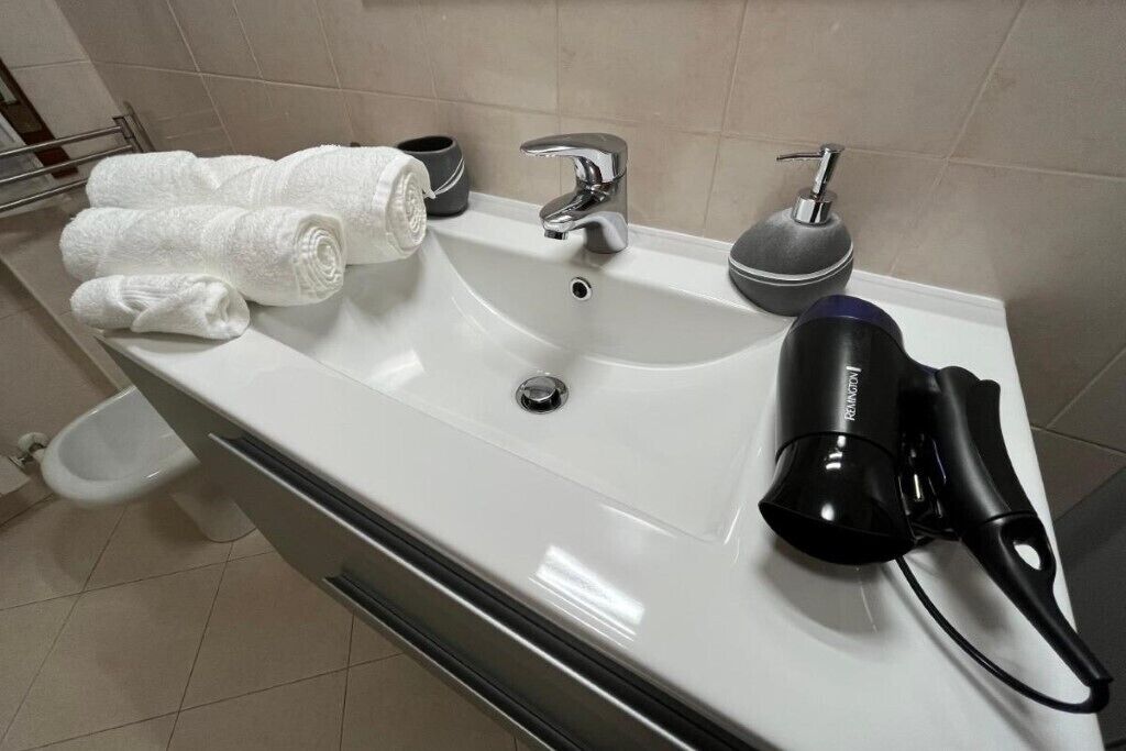 Hair dryer, bidet, towels, soap