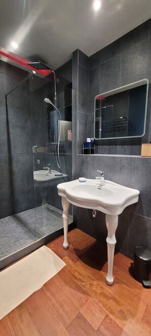 Regadera, secadora de cabello, toallas, jabón 