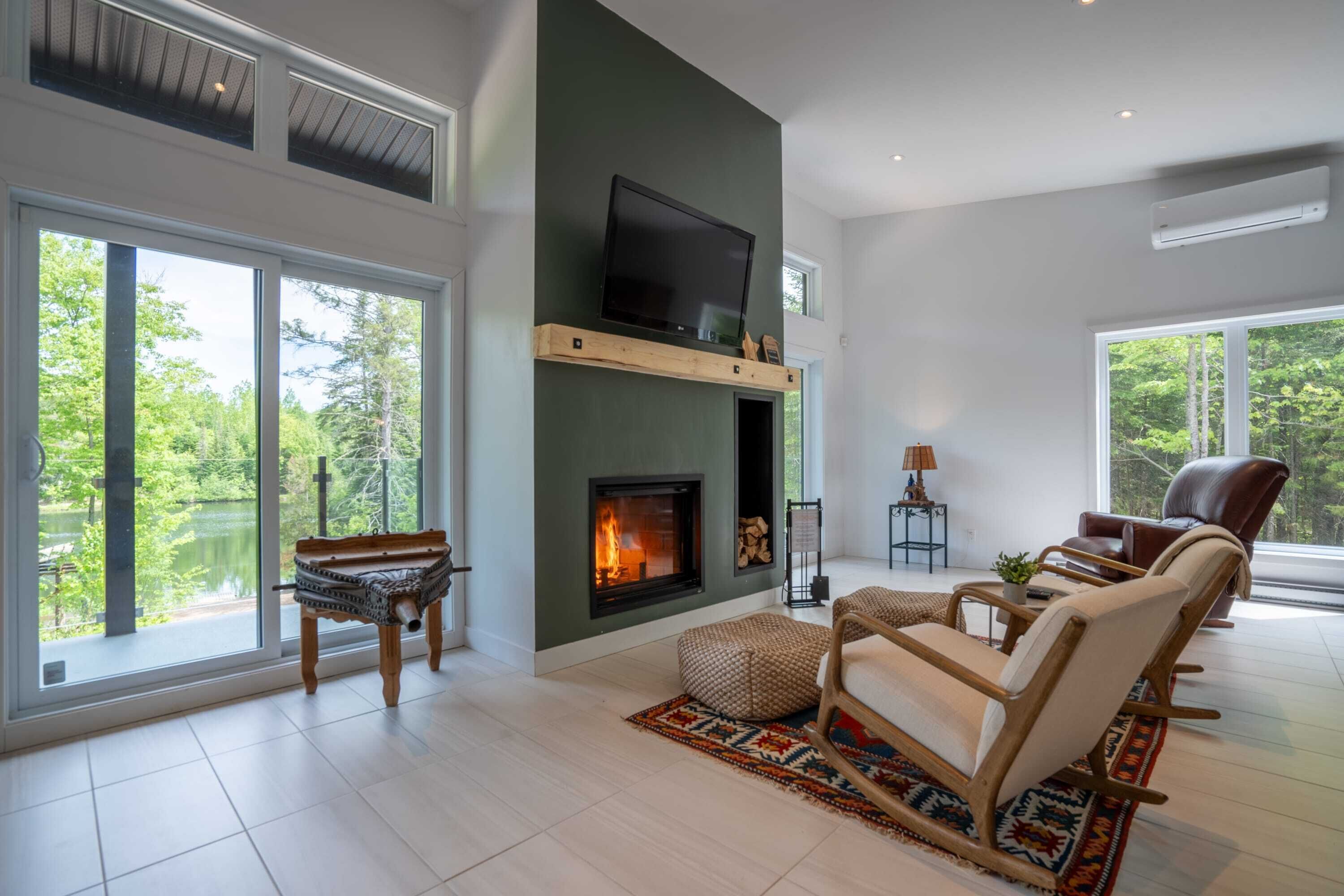 Télévision, cheminée, livres, espaces bureaux