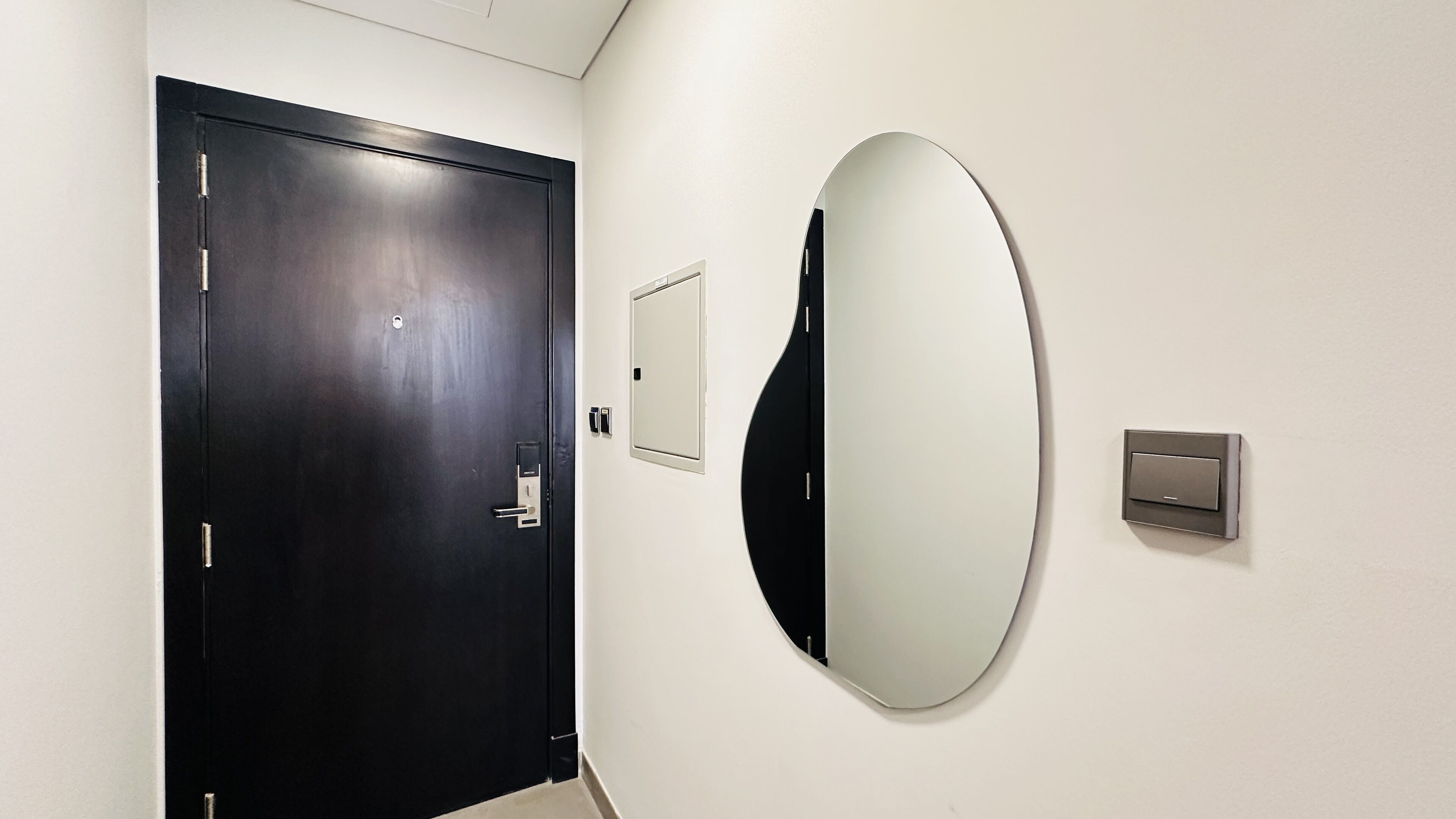 A black door with a keyhole and a handle, a rectangular mirror, and a light switch on the wall.
