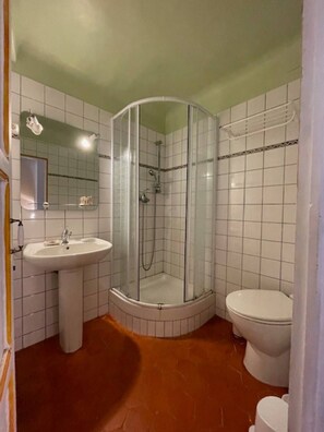 Shower, hair dryer, towels, toilet paper