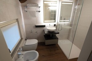 Shower, hair dryer, bidet, towels