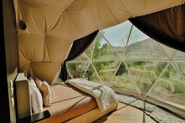A tented room with a bed, pillows, and a view of the outdoors.
