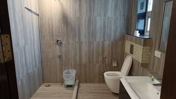 Shower, jetted tub, hair dryer, towels